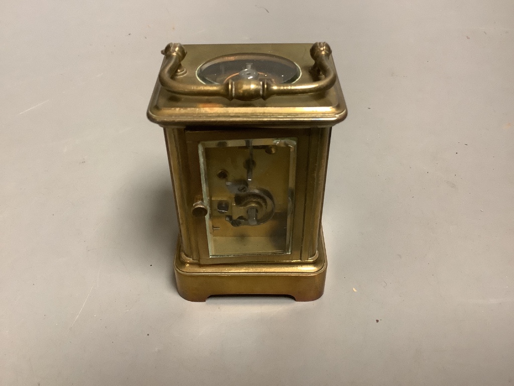 A French brass miniature carriage timepiece,height 7cm